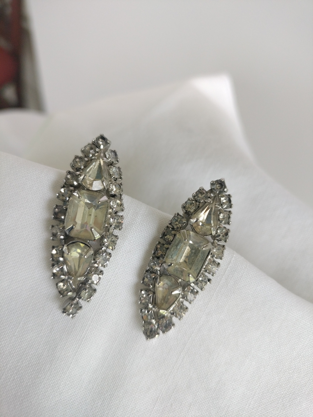 Vintage Silver Crystal Marquise Clip on Earrings - Sparkling Clear Stones